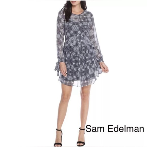 NWT SAM EDELMAN Peplum Tie Sleeve Sheer Mini Dress Blue Snake Skin Pockets Sz 10 - Picture 1 of 15